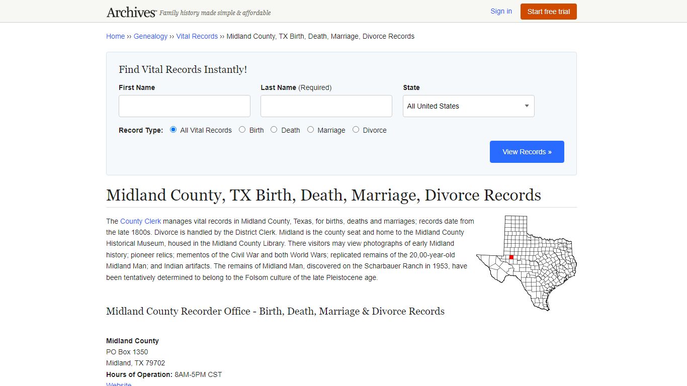 Midland County, TX Birth, Death, Marriage, Divorce Records